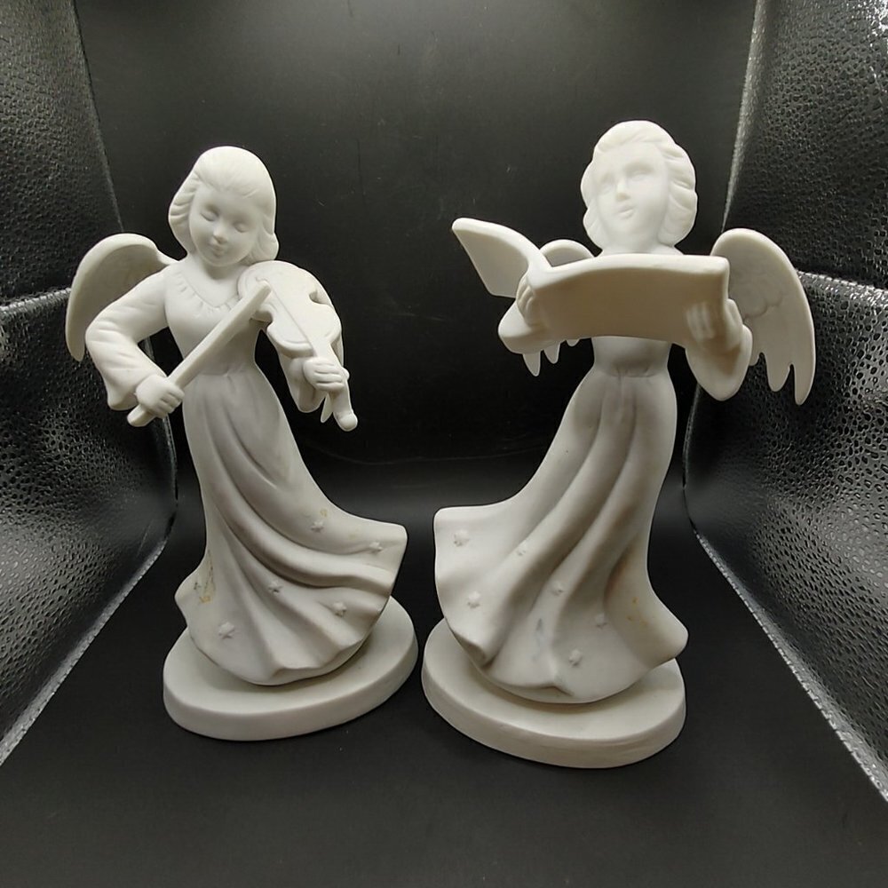 PORCELAIN ANGEL CANDLE HOLDERS, CANDLES, SET OF 2